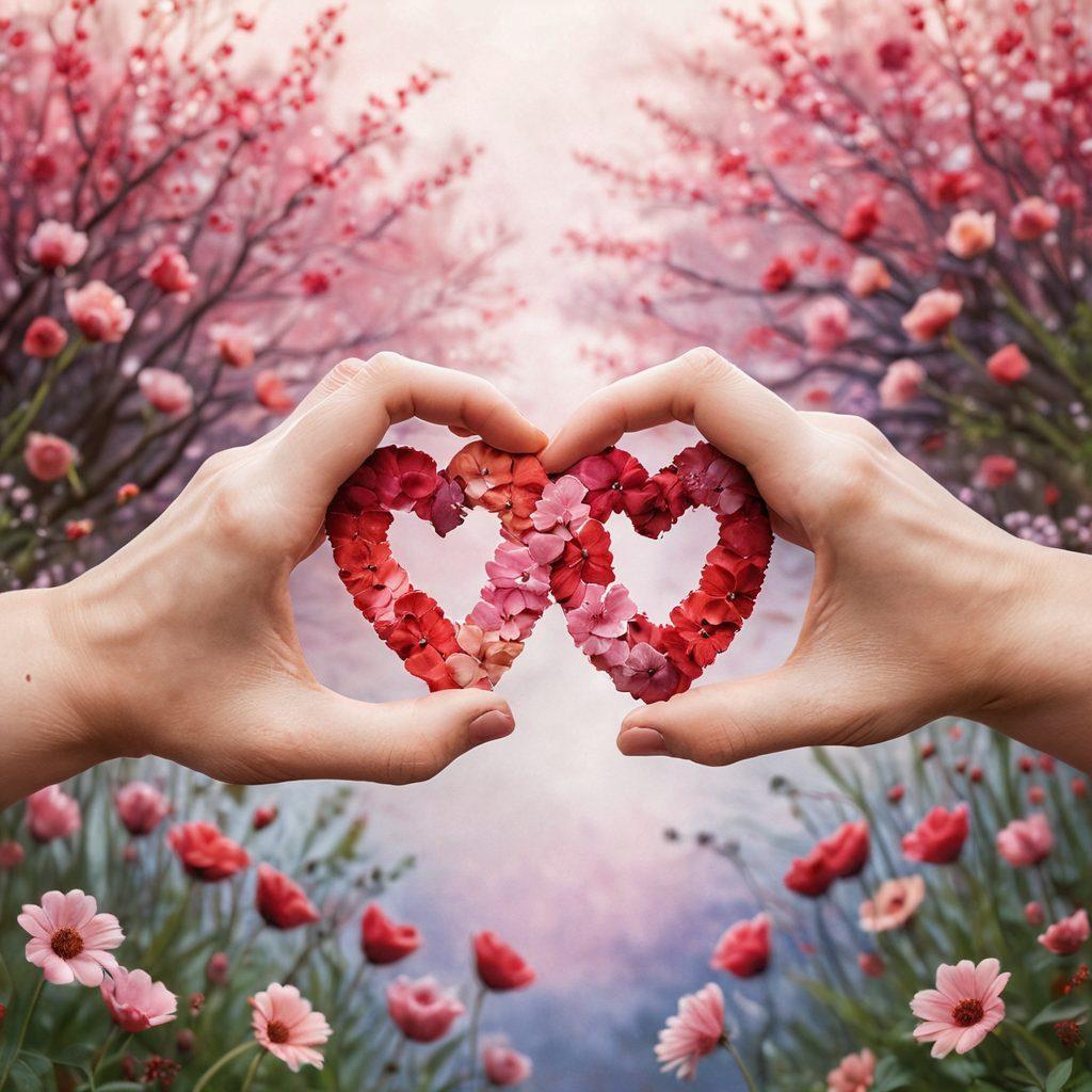 A close-up of two intertwined hands with their thumbprints clearly visible, radiating soft pink and red hues symbolizing love. A faint, whimsical heart pattern swirls around the thumbprints, suggesting deep connection and passion. The background features a dreamy landscape of softly blurred flowers. super-realistic. vibrant colors. romantic atmosphere.