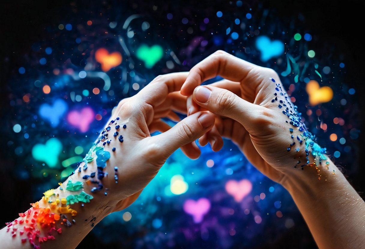 A close-up view of intertwined fingers with vibrant, unique thumbprints that resemble colorful constellations, symbolizing devotion and affection. In the background, a soft glow radiates, hinting at emotional warmth and connection. Subtle scientific symbols like DNA strands and hearts can be faintly seen. The composition is balanced with a peaceful atmosphere. super-realistic. vibrant colors. soft focus.