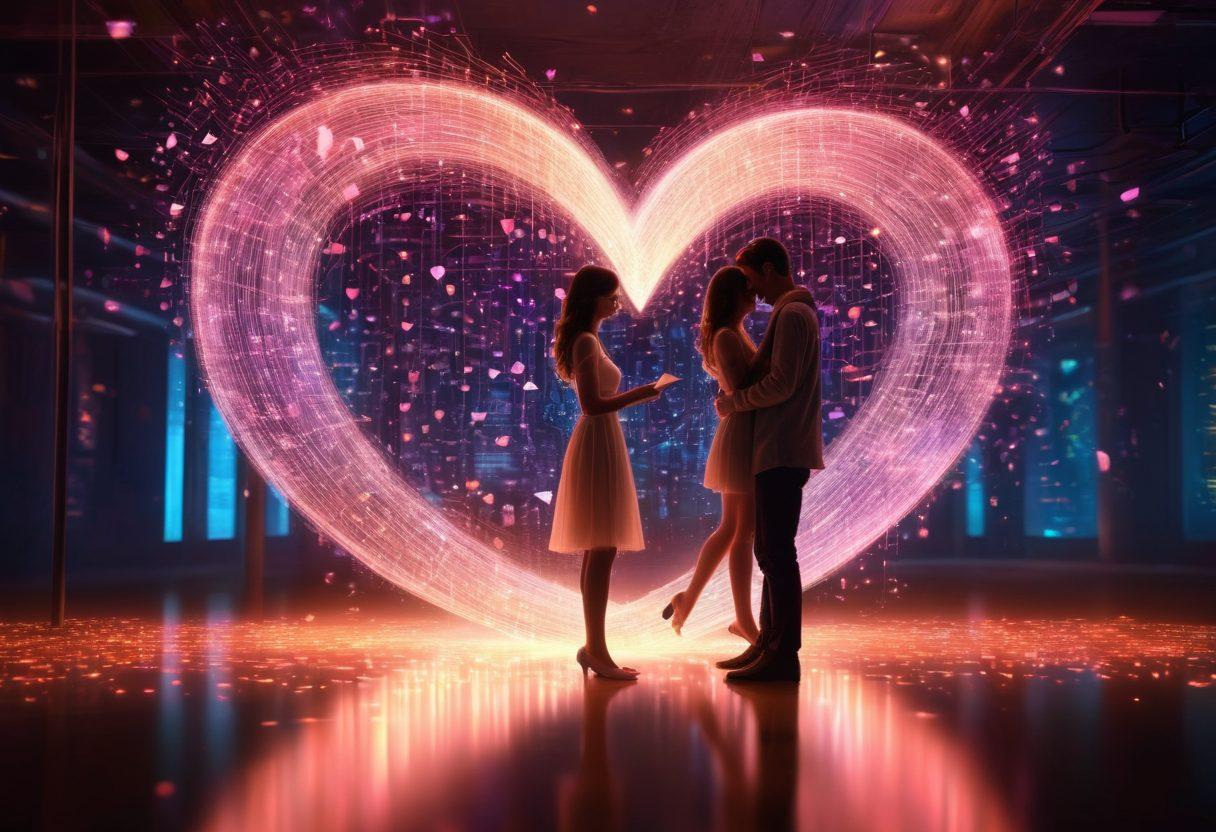 A romantic scene showcasing a couple surrounded by floating holographic images of scanned letters and love notes, symbolizing the blend of technology and emotion. The background features a soft, warm glow to evoke intimacy, while elements like a glowing heart and digital circuits intertwine, illustrating the connection of technology and romance. super-realistic. vibrant colors. soft focus.